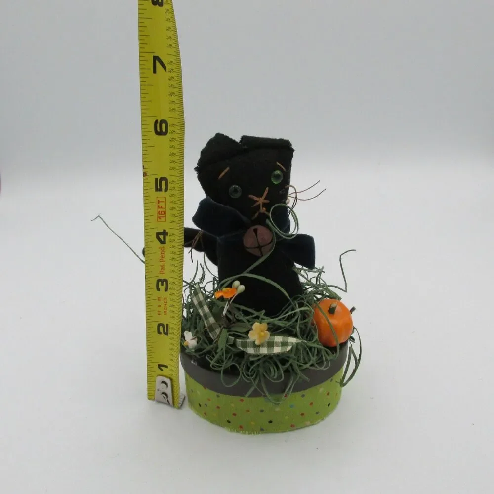Vtg Style Fabric Halloween Black Cat Trinket Box Signed Artisan Folk Art Fall